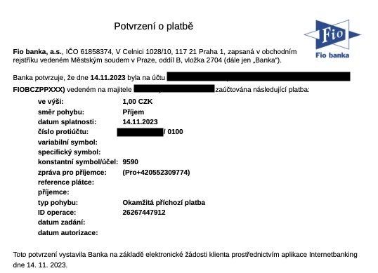 Příchozí platba na kontakt do Fio banky z Komerční banky. Potvrzení v PDF. (14. 11. 2023)