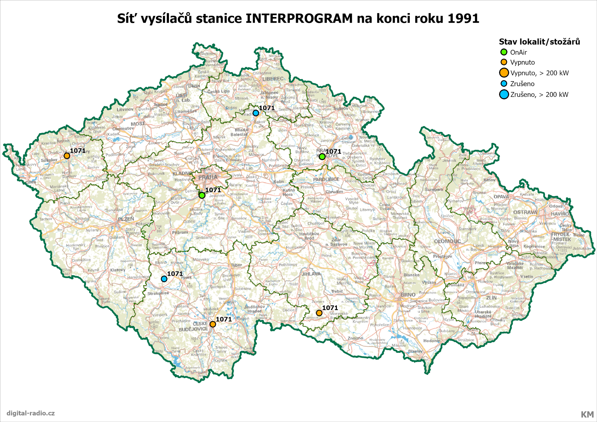 Síť AM vysílačů rozhlasové stanice Interprogram (tiskový šotek umazal vysílač Litovel)