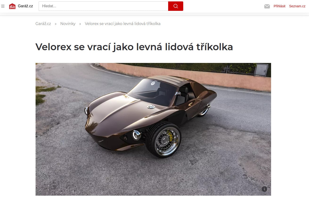 Velorex se vrací jako lidový vůz, oznamuje server Garáž.cz. Legendární tříkolové vozidlo má nový vzhled s moderní plastovou karoserii.