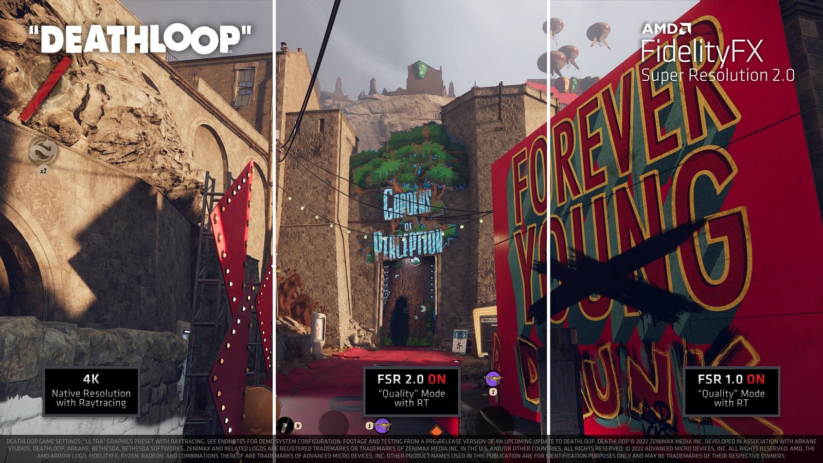Srovnání nativního obrazu, FSR 1.0 a FSR 2.0 ve hře Deathloop