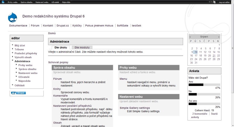<p>Drupal a zpráva obsahu stránky. Demo si můžete vyzkoušet přímo na stránce věnované drupalu demo.drupal.cz</p>