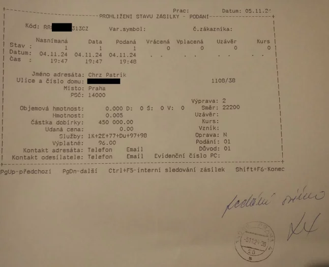 Náhradní podací stvrzenka. (5. 11. 2024)
