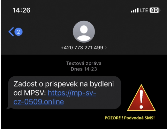 Ukázka falešné SMS
