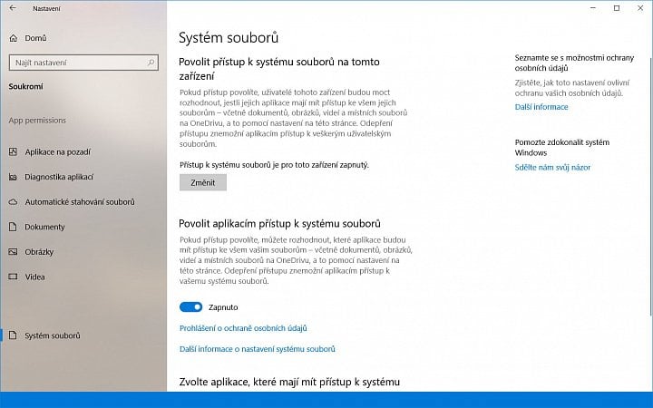 V novém sestavení je možné spravovat oprávnění aplikací v otázce přístupu k souborovému systému