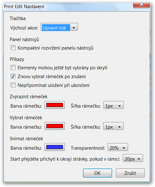 Konfigurační volby doplňku.