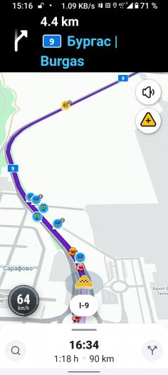 Navigace Waze během cesty z Bulharska do Turecka. (13. 09. 2025)