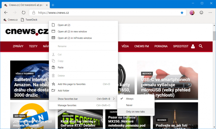 Edge vám nyní umožní vybrat si, jak se má chovat lišta s oblíbenými položkami