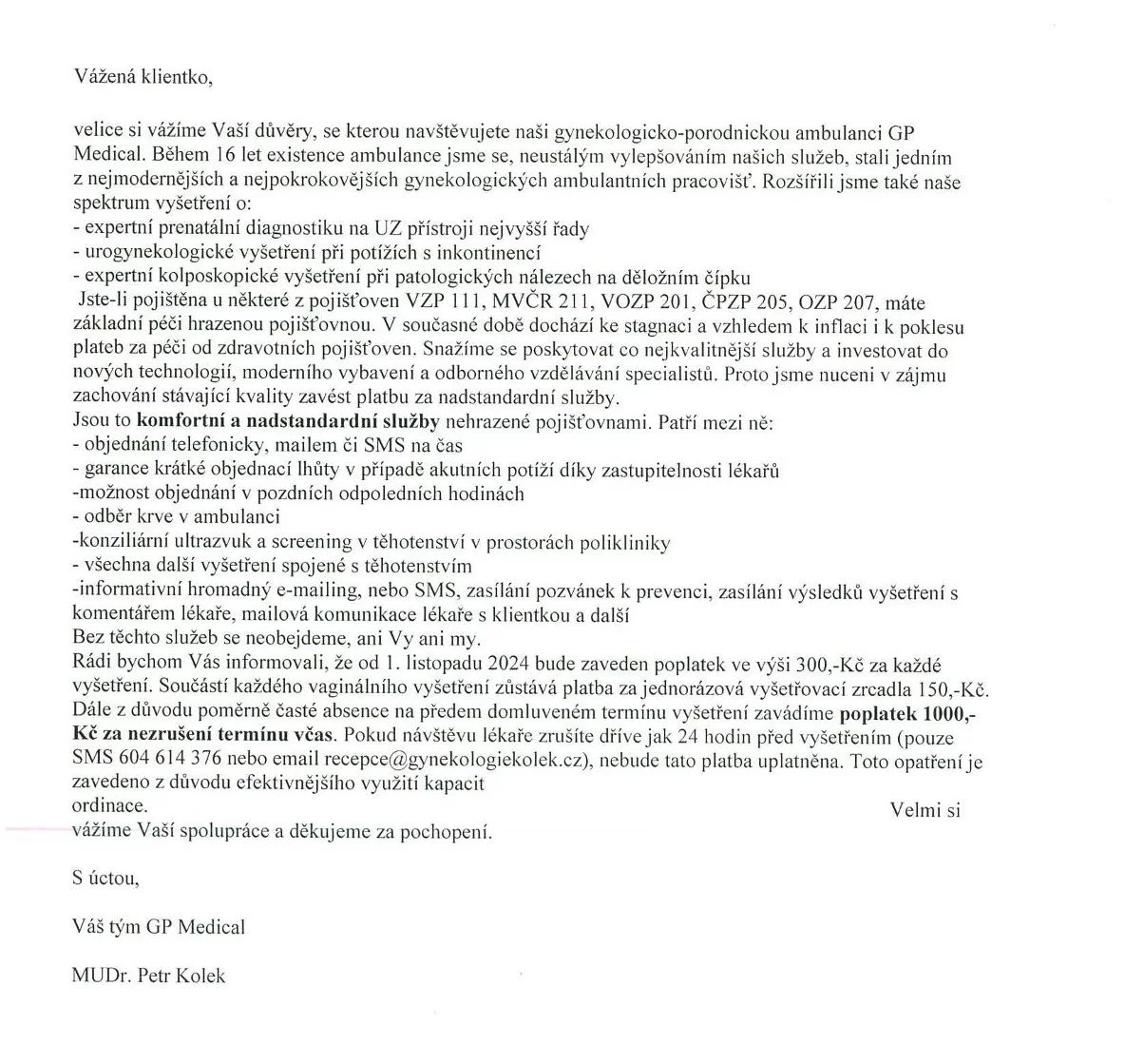 Tento e-mail poslalo soukromé zdravotnické zařízení GP Medical 21. října 2024 všem klientkám.