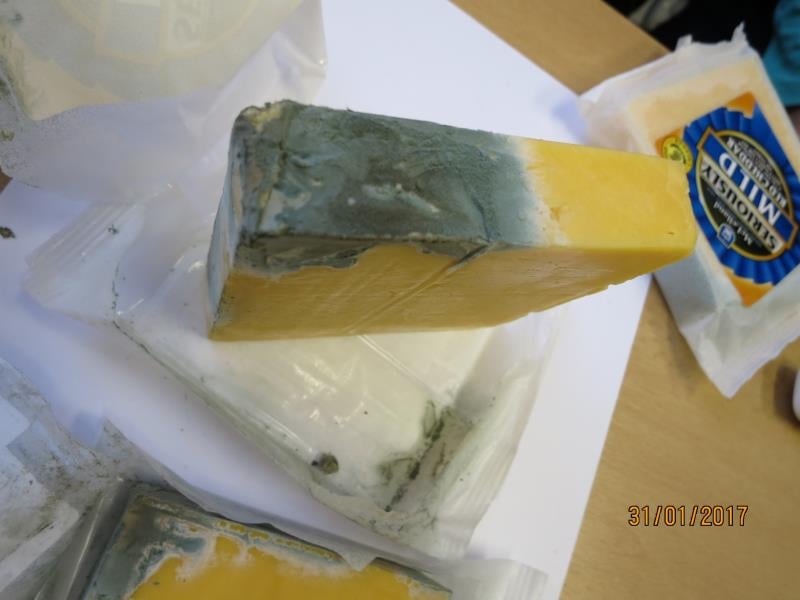 Penny Market, Hořice: SERIOUSLY MILD COLOURED CHEDDAR - Na povrchu potraviny se vyskytovala plíseň zelené barvy. Při kontrole nebyly zjištěny nevyhovující teploty skladování potravin. Potravina neměla porušený obal. Výskyt plísně byl zjištěn u více balení tohoto výrobku původem z Velké Británie.