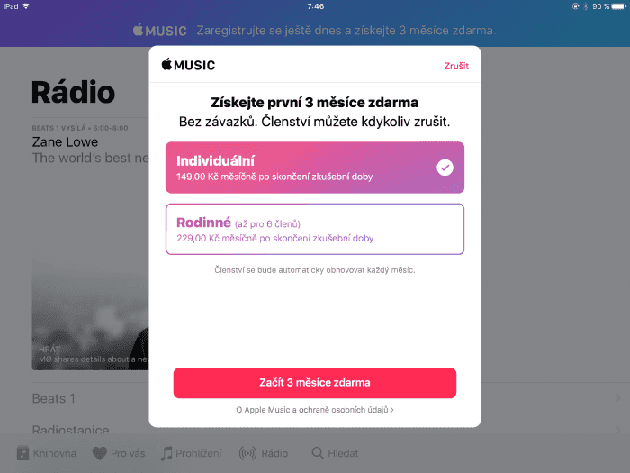 Apple Music v korunách