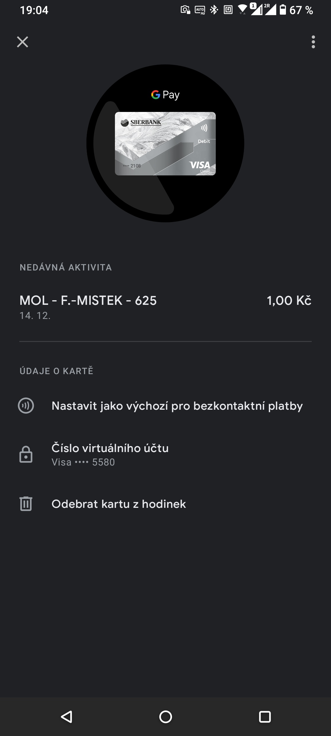 Samsung Galaxy Watch 4. Transakční historie Google Pay v hodinkách. (14. 12. 2021)