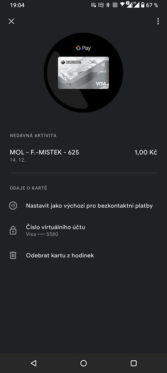 Samsung Galaxy Watch 4. Transakční historie Google Pay v hodinkách. (14. 12. 2021)