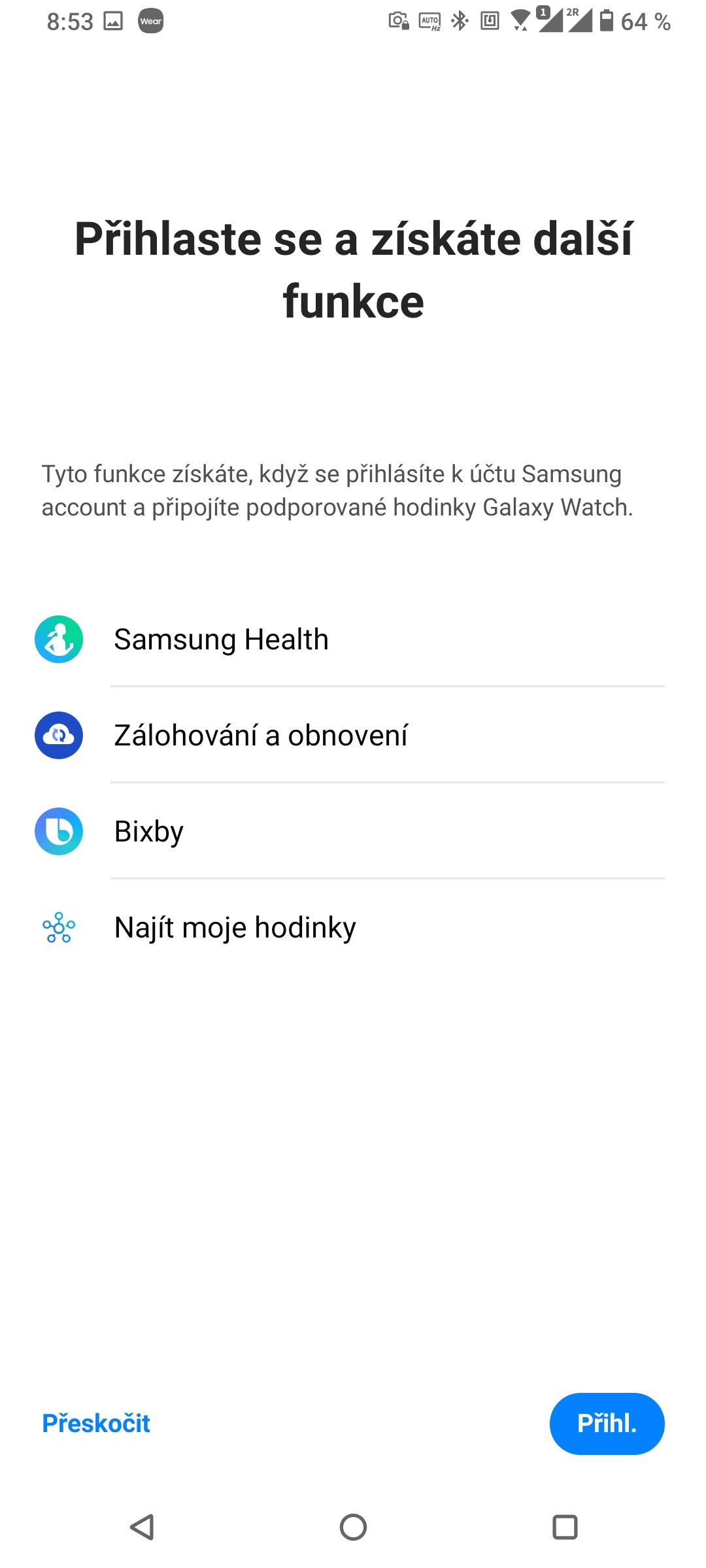 Aplikace Galaxy Wearable pro Android. Registrací a přihlášením k Samsung účtu získáte více služeb. (14. 12. 2021)