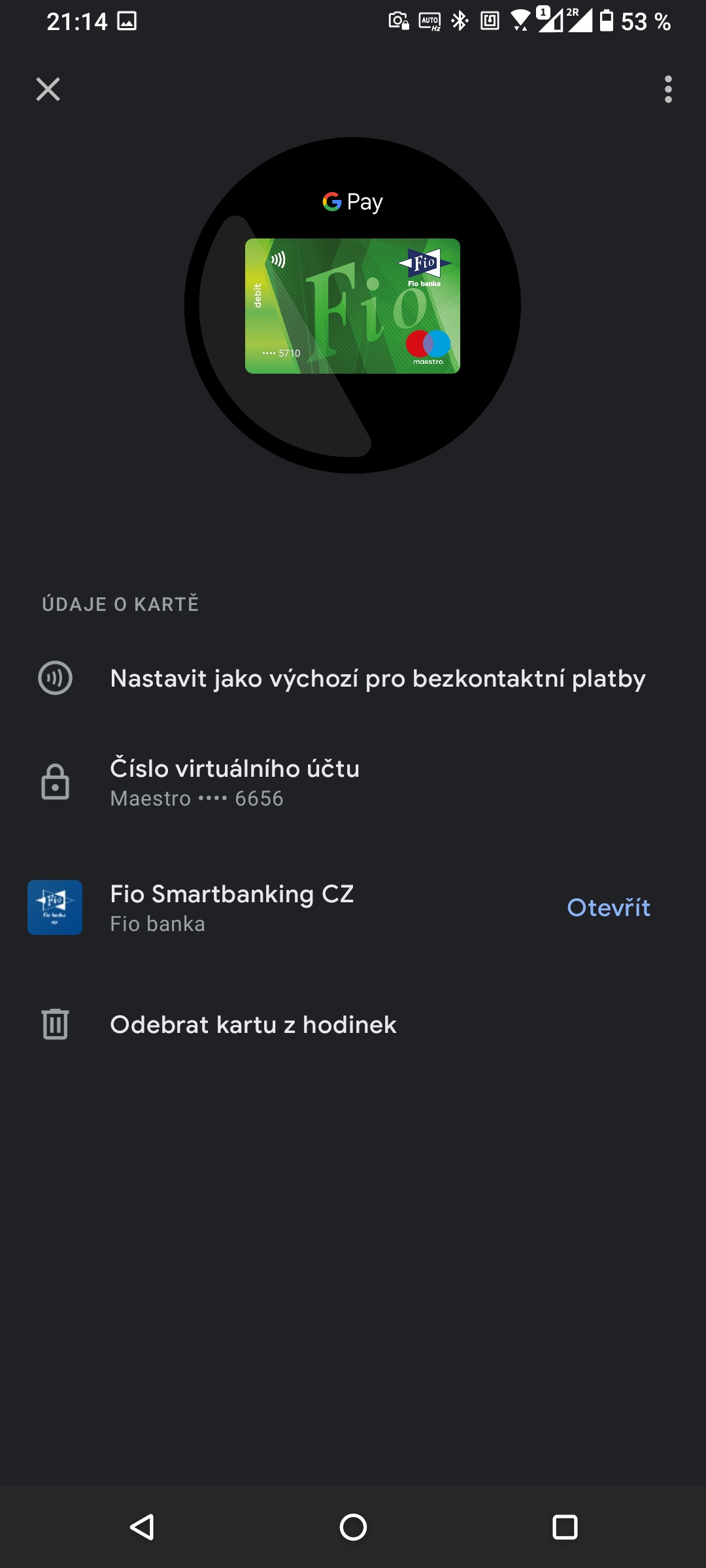 Samsung Galaxy Watch 4. Debetní karta Maestro od Fio banky v aplikaci Google Pay pro hodinky. (14. 12. 2021)