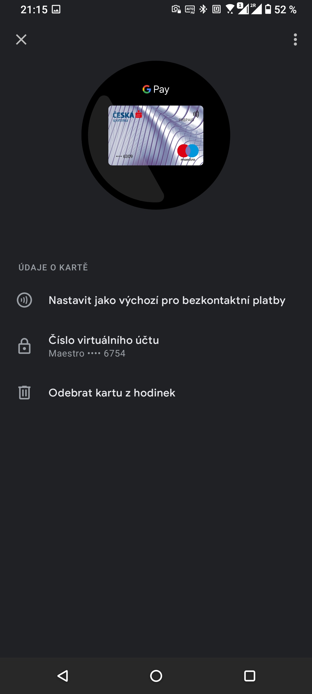 Samsung Galaxy Watch 4. Předplacená karta Maestro od České spořitelny v aplikaci Google Pay pro hodinky. (14. 12. 2021)