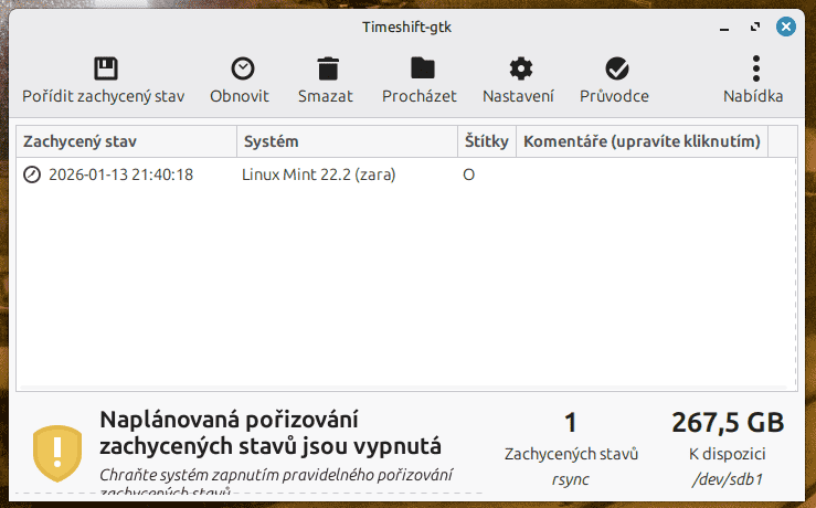 Nástroj Timeshift v Linuxu Mint