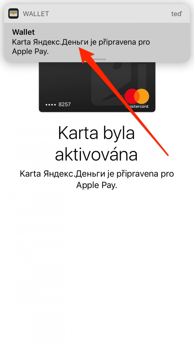 Aplikace Yandex.Money pošle informaci o aktivaci Apple Pay.
