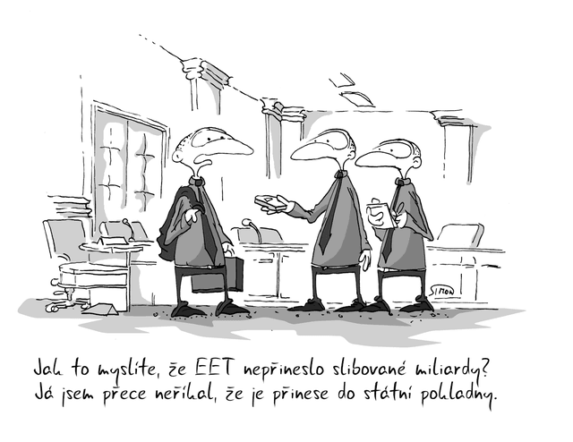 Kreslené vtipy a koláže na téma elektronické evidence tržeb