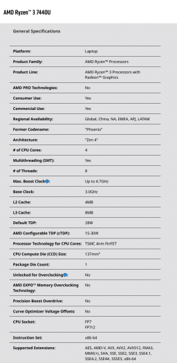 Specifikace procesoru Ryzen 3 7440U na webu AMD