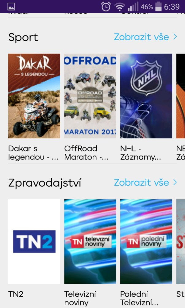 Ve spodní části domovského menu najdete i zpravodajství. Živě vysílané kanály jsou pouze v menu, které vidíte na následujících obrazovkách.