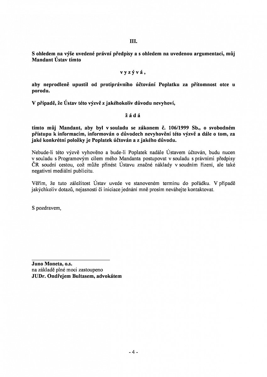Podolskou porodnici vyzvalo ke zrušení poplatků za doprovod u porodu sdružení Juno Moneta