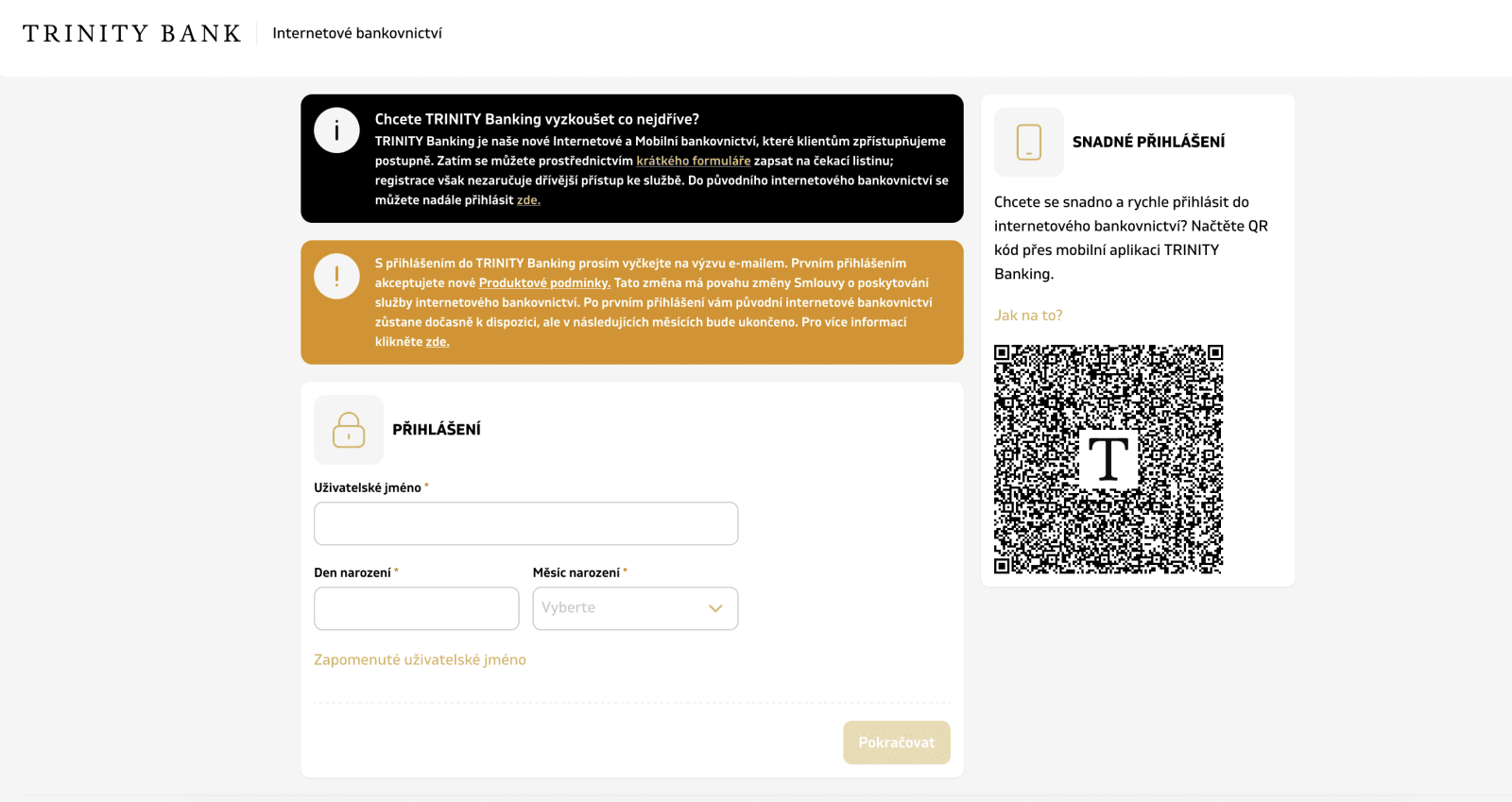 Nové internetové bankovnictví TRINITY BANK. (01. 09. 2026)