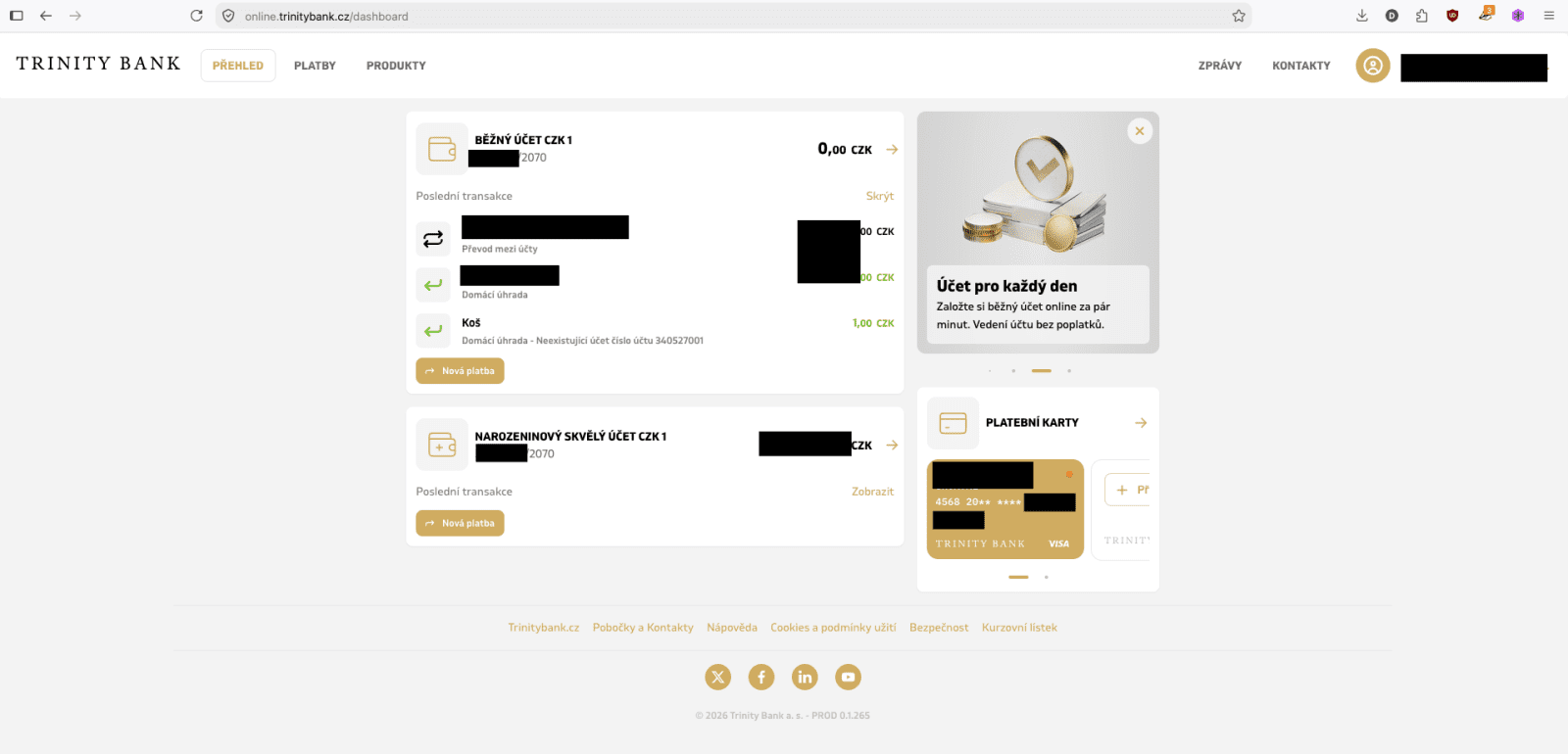 Nové internetové bankovnictví TRINITY BANK. (01. 09. 2026)