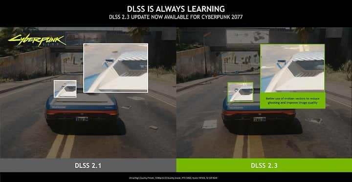 Příklad Nvidie ukazující ghosting v Cyberpunku 2077