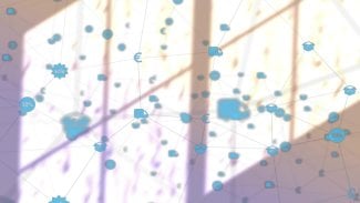 Zobrazení dodávkového vozu a euro ikony plovoucí před kancelářskými okny, síťové překrytí. Futuristické, digitální, technologie, data, konektivita, inovace, komunikace