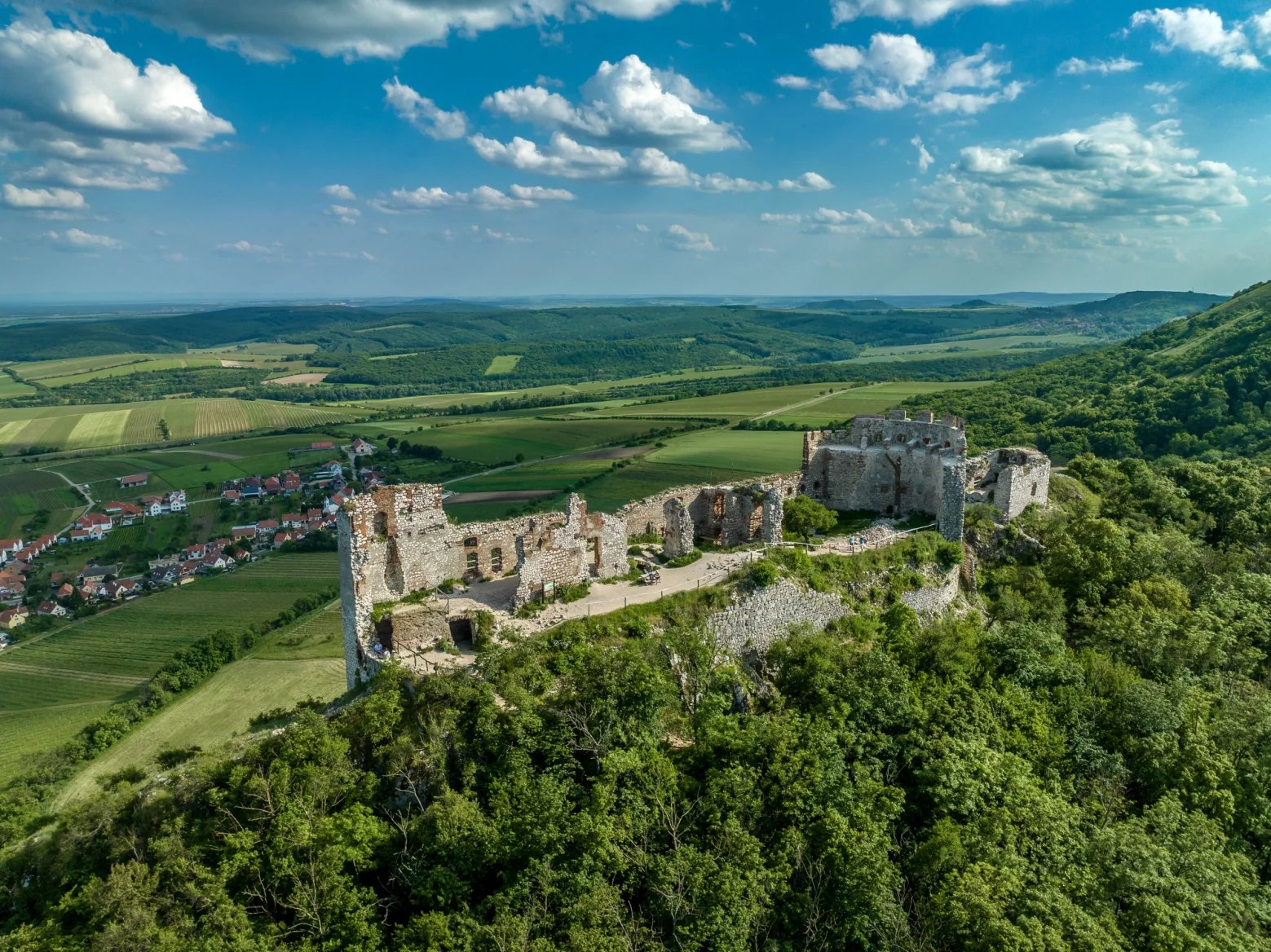 Zřícenina starého hradu na zalesněném vrchu