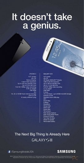 Plakát, na kterém Samsung porovnává iPhone 5 a Samsung Galaxy S III