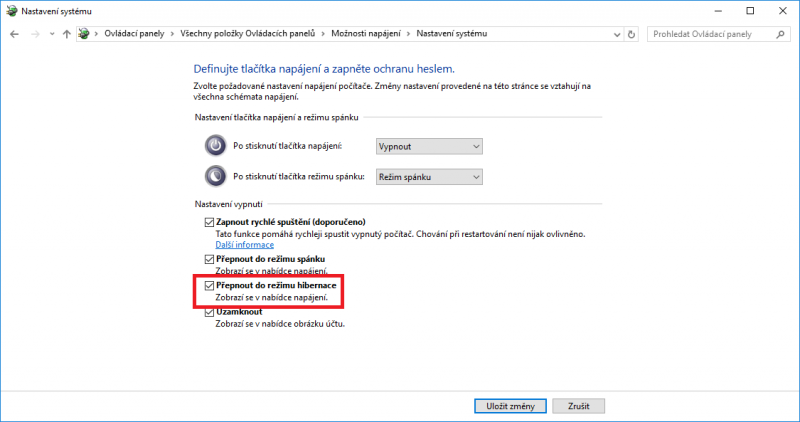 Zaškrtnutím volby Přepnout do režimu Hibernace umístíte možnost hibernace počítače do nabídky Start