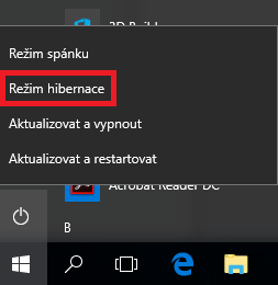 Volba pro převedení počítače do stavu hibernace ve Windows 10, konkrétně v nabídce Start> Napájení