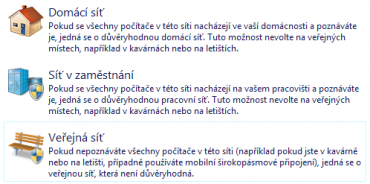 <p>Výběr umístění v síti. Pro některé uživatele jediné nastavení firewallu. Po výběru vhodného umístění si firewall určí přesnější pravidla</p>
