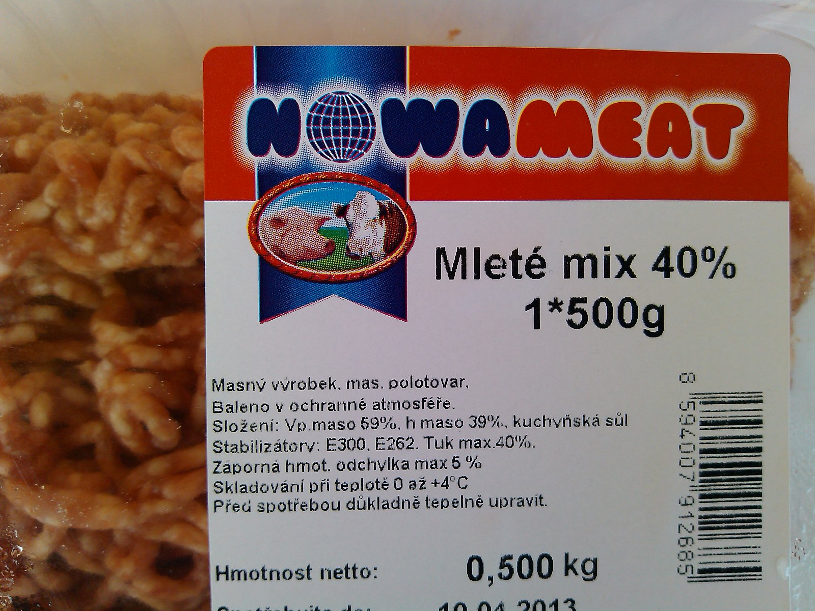 Mleté mix, polotovar: 98 % masa, 0,5 kg za 55,00 Kč, 110,00 Kč/kg výrobku. Výrobce: Bidvest Kralupy. Obsahuje sůl a stabilizátory.
