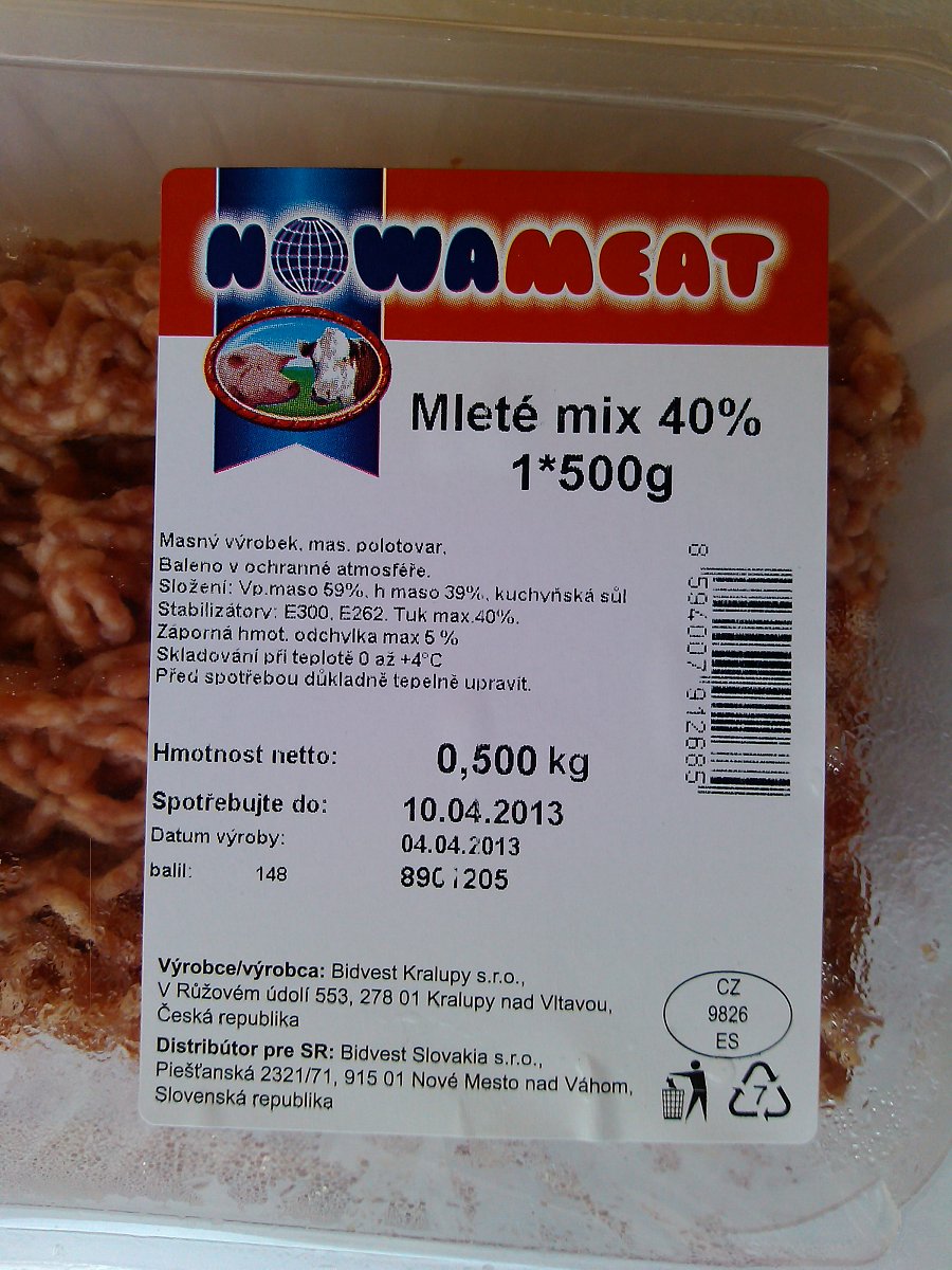 Mleté mix, polotovar: 98 % masa, 0,5 kg za 55,00 Kč, 110,00 Kč/kg výrobku. Výrobce: Bidvest Kralupy. Obsahuje sůl a stabilizátory.