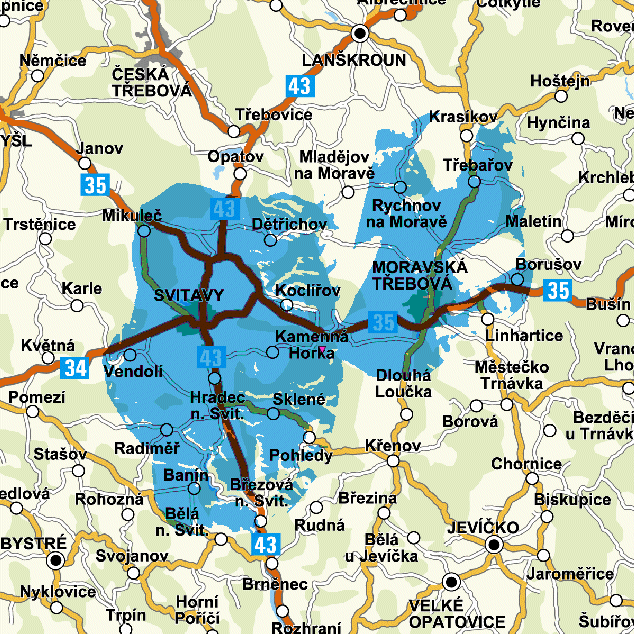 Mapa pokrytí multiplexu 3 z vysílače Svitavy - Kamenná Horka (kanál 60)