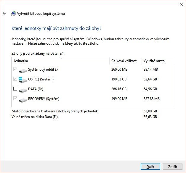 V tomto okně můžete vybrat diskové oddíly, které mají být součástí bitové kopie – nicméně výchozí nastavení bude pravděpodobně to nejsprávnější