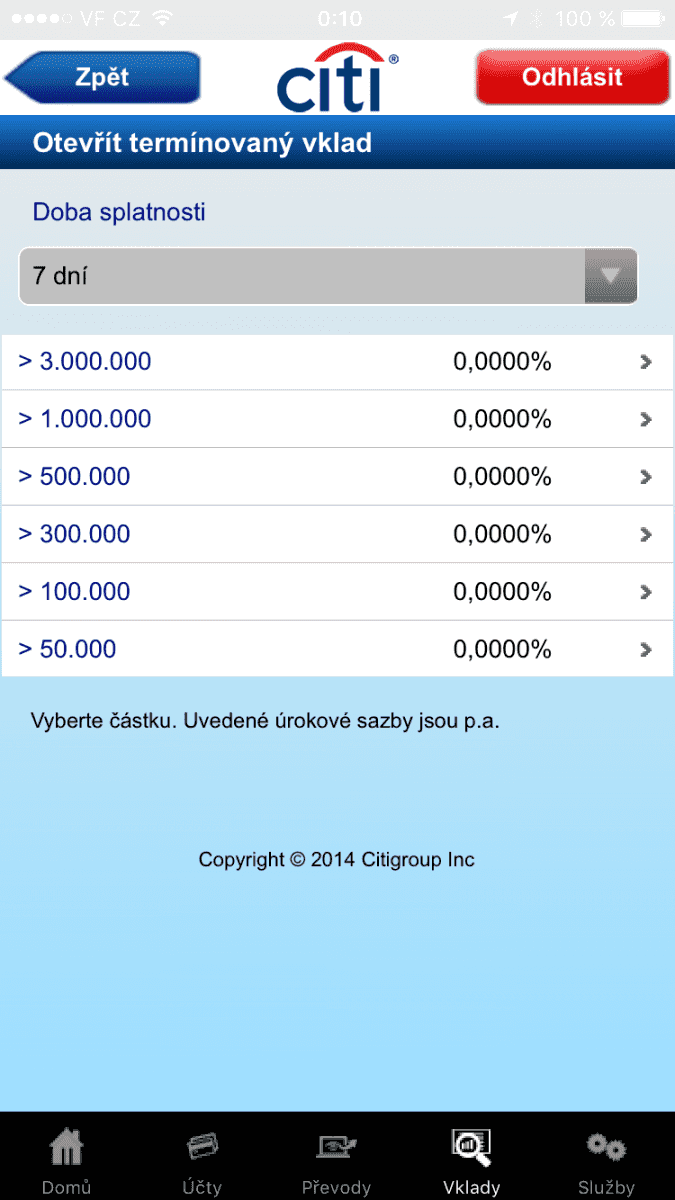 Mobilní aplikace pro iOS. Termínované vklady lze zřídit i z mobilu.