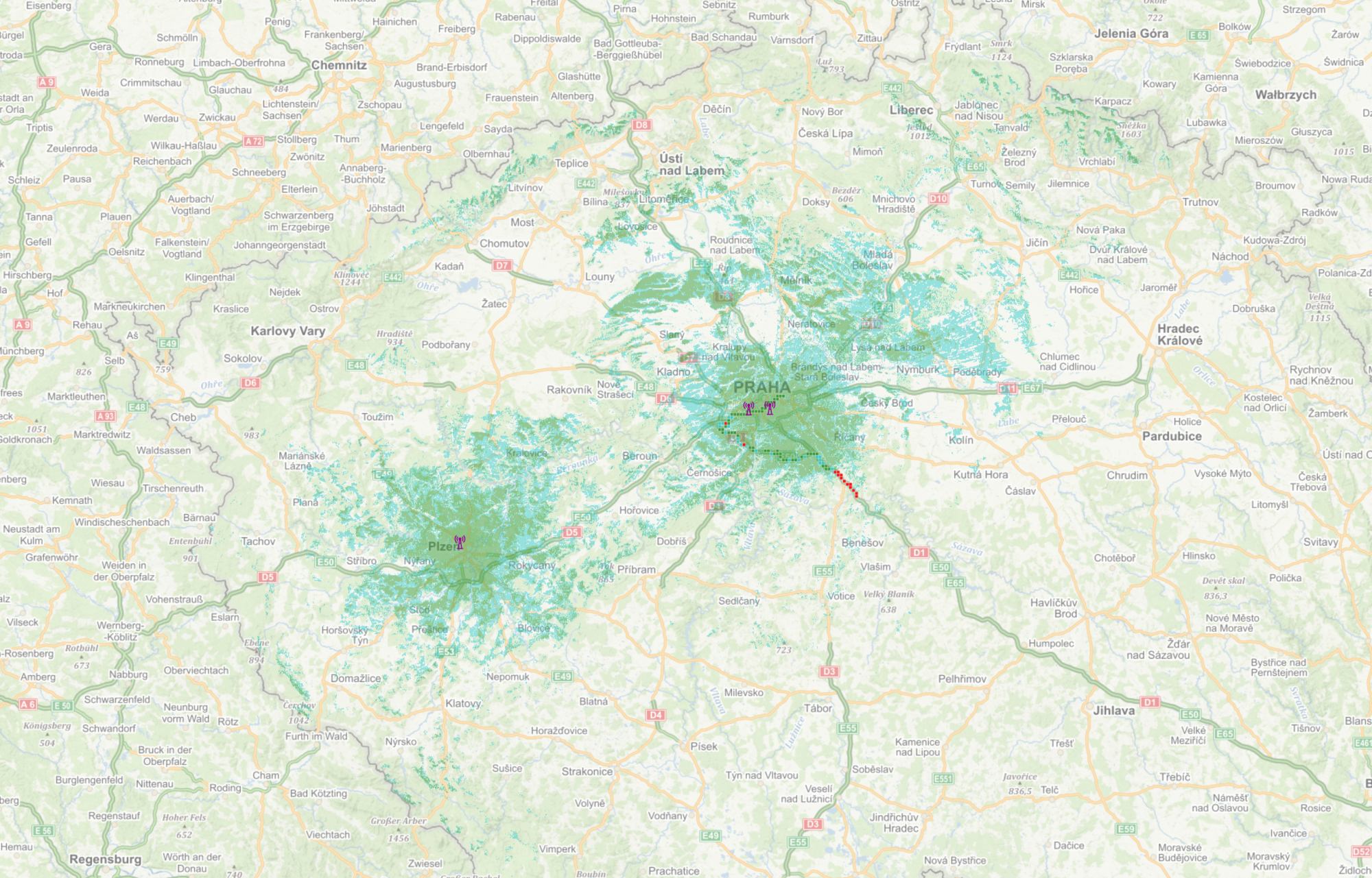 Pokrytí DAB+ multiplexu Českých Radiokomunikací
