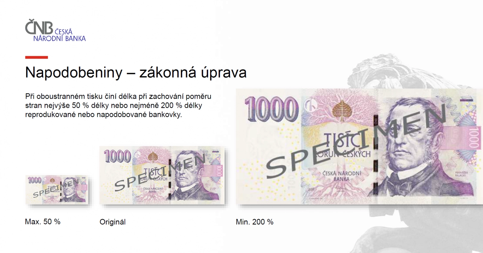 Pravidla pro napodobeniny oboustranných bankovek podle České národní banky.