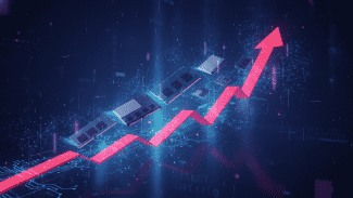 Ilustrace znázorňující paměti RAM a SSD disky stoupající vzhůru na červených šipkách cenového grafu, obklopené svítícími vzory neuronových sítí symbolizujícími umělou inteligenci. Tmavé technologické pozadí s prvky obvodových desek.