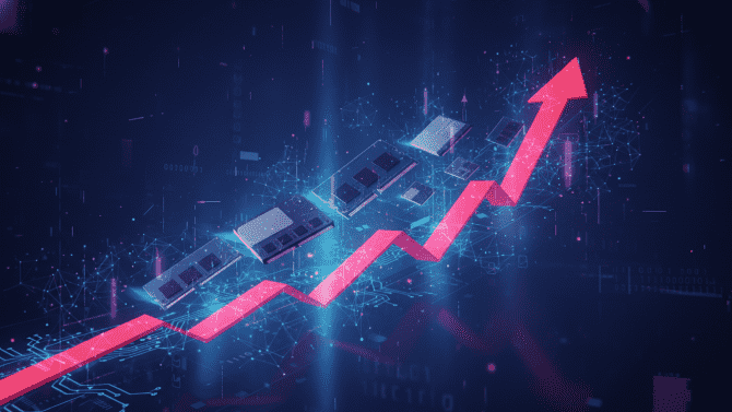 Ilustrace znázorňující paměti RAM a SSD disky stoupající vzhůru na červených šipkách cenového grafu, obklopené svítícími vzory neuronových sítí symbolizujícími umělou inteligenci. Tmavé technologické pozadí s prvky obvodových desek.