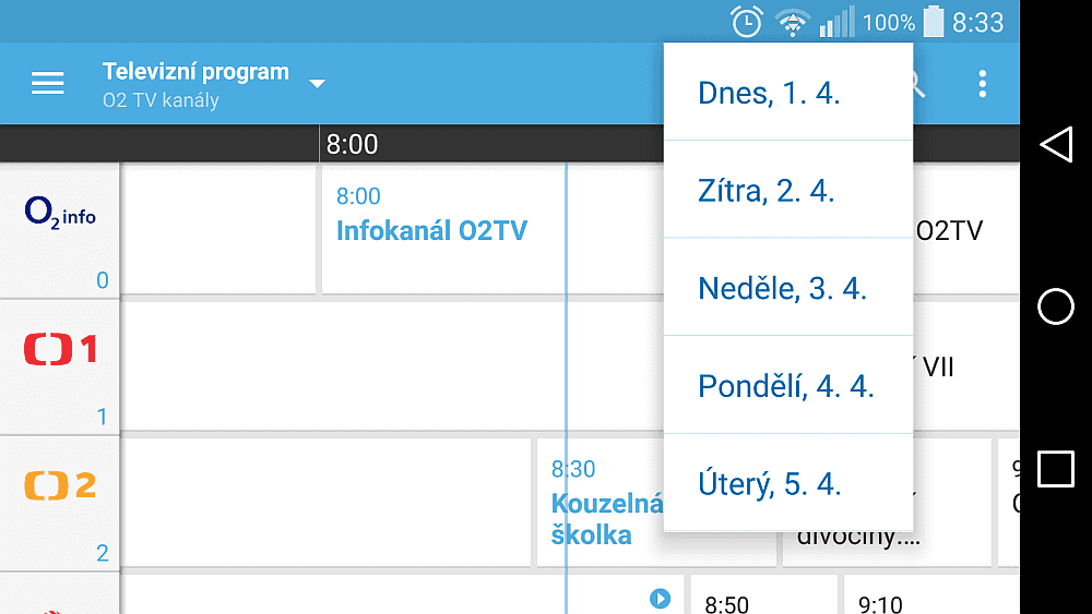 Služba v aplikaci na mobilním telefonu. Zpětné zhlédnutí se volí manuálně přes EPG, tedy televizní program.