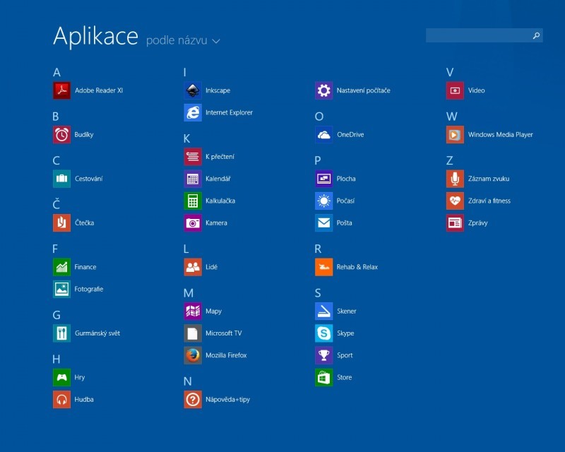 Obrazovka Aplikace ve WIndows 8.1