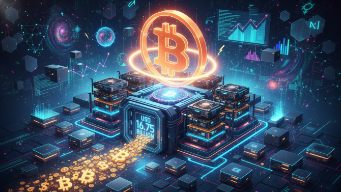 Ilustrace bitcoinové těžební farmy se symbolem BTC a příjmy 16,75 mld. USD na tmavě modrém pozadí.