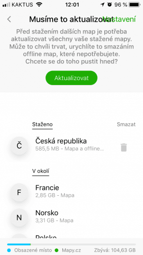 Offline mapy je nutné kompletně aktualizovat