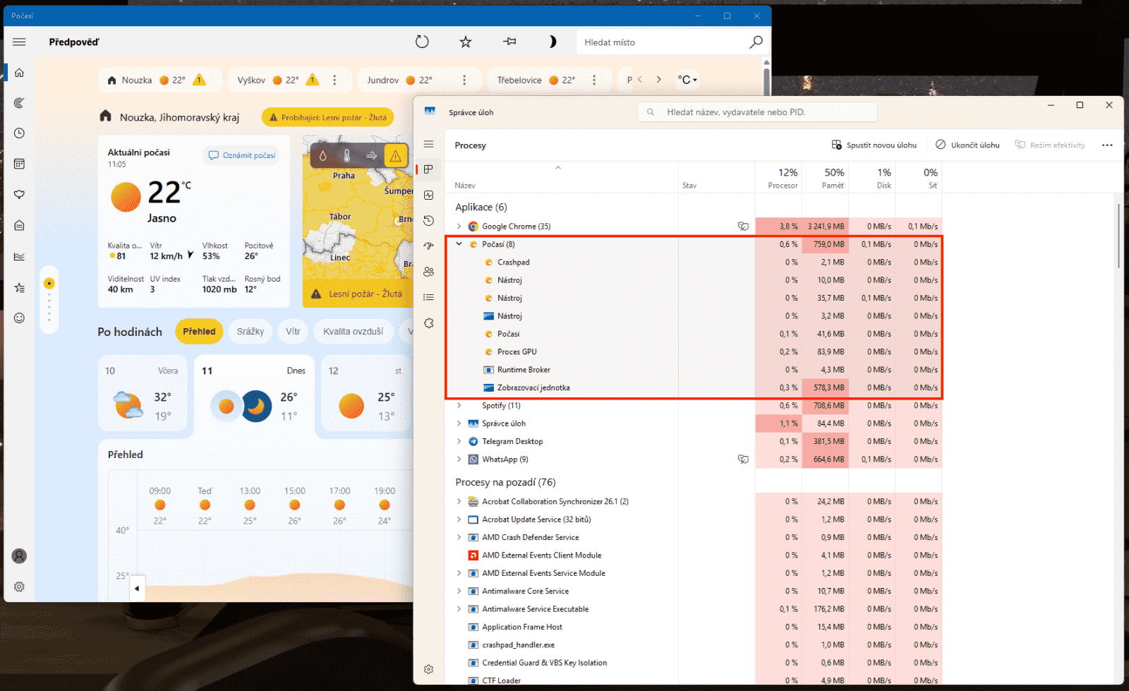 Využití paměti aplikací Počasí ve Windows.