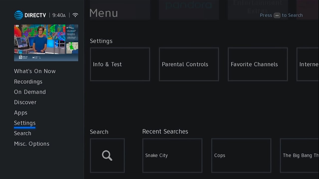 DIRECTV - Menu nastavení a nastavení audia