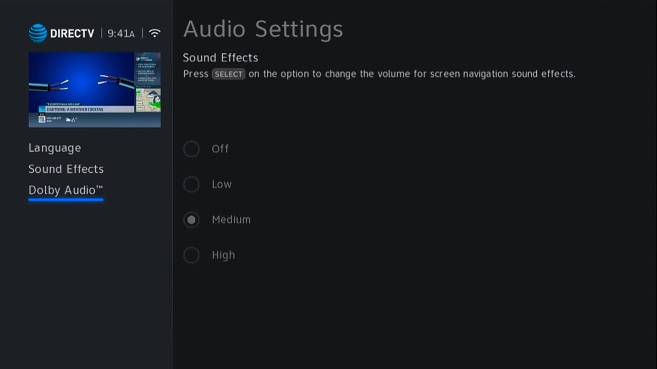 DIRECTV - Menu nastavení a nastavení audia